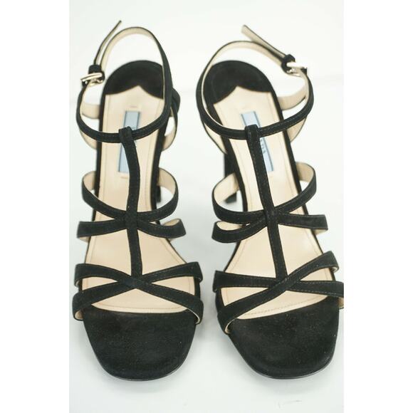 Prada Strappy Black Suede Strappy High Heel Cage Sandals Ankle Strap - Picture 9 of 10